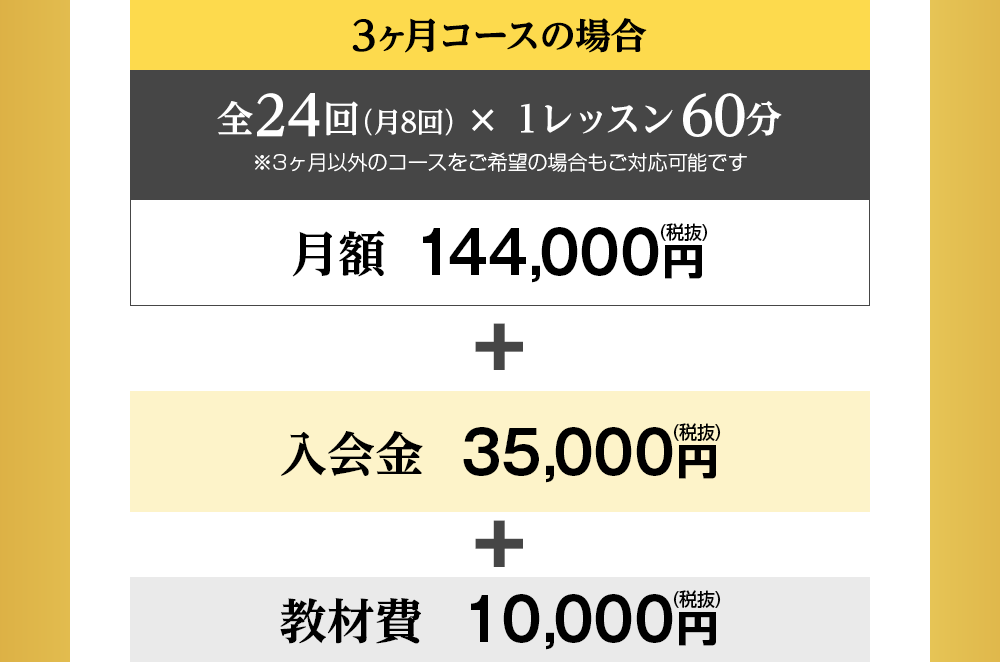 全24回（月8回）×1レッスン60分 月額144,000円（税抜）＋入会金35,000円（税抜）