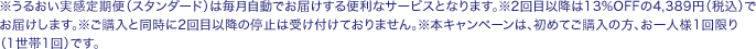 ※うるおい実感定期便（プレミアム）は毎月自動でお届けする便利な定期購入サービスです。※効果をしっかりとご実感いただくためにも最低3回以上のご継続をお願いしております。※2回目~3回目は18%OFFの4,082円（税込）でお届けします。※本キャンペーンは、初めてご購入の方、お一人様1回限り（1世帯1回）です。