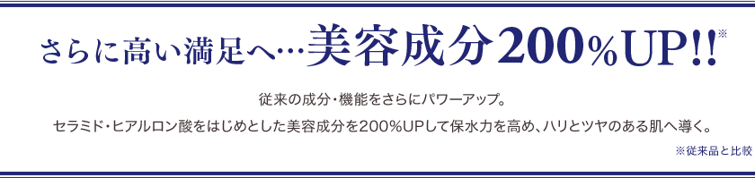さらに高い満足へ・・・美容成分200%UP 従来の成分・機能をさらにパワーアップ※。セラミド・ヒアルロン酸をはじめとした美容成分を200％UPして保水力を高め、ハリとツヤのある肌へ導く。※従来品と比較