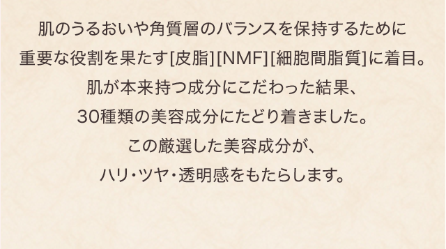肌のうるおいや角質層のバランスを保持するために重要な役割を果たす[皮脂][NMF][細胞間脂質]に着目。肌が本来持つ成分にこだわった結果、30種類の美容成分にたどり着きました。この厳選した美容成分が、ハリ・ツヤ・透明感をもたらします。
