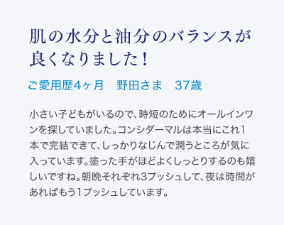 肌の水分と油分のバランスが良くなりました！ご愛用歴4ヶ月 野田さま 37歳 小さい子どもがいるので、時短のためにオールインワンを探していました。コンシダーマルは本当にこれ1本で完結できて、しっかりなじんで潤うところが気に入っています。塗った手がほどよくしっとりするのも嬉しいですね。朝晩それぞれ3プッシュして、夜は時間があればもう1プッシュしています。